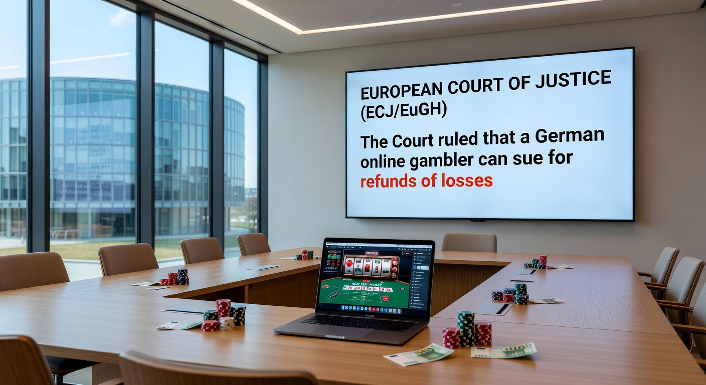 Deutscher Spieler am Laptop mit Online-Casino-Seite und EuGH-Urteil im Hintergrund, symbolisierend Rückforderungsansprüche